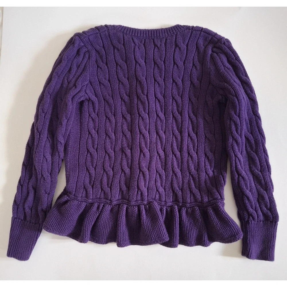 Ralph Lauren Girls Purple Cable Knit Peplum Cardigan Sweater Kids Size 5